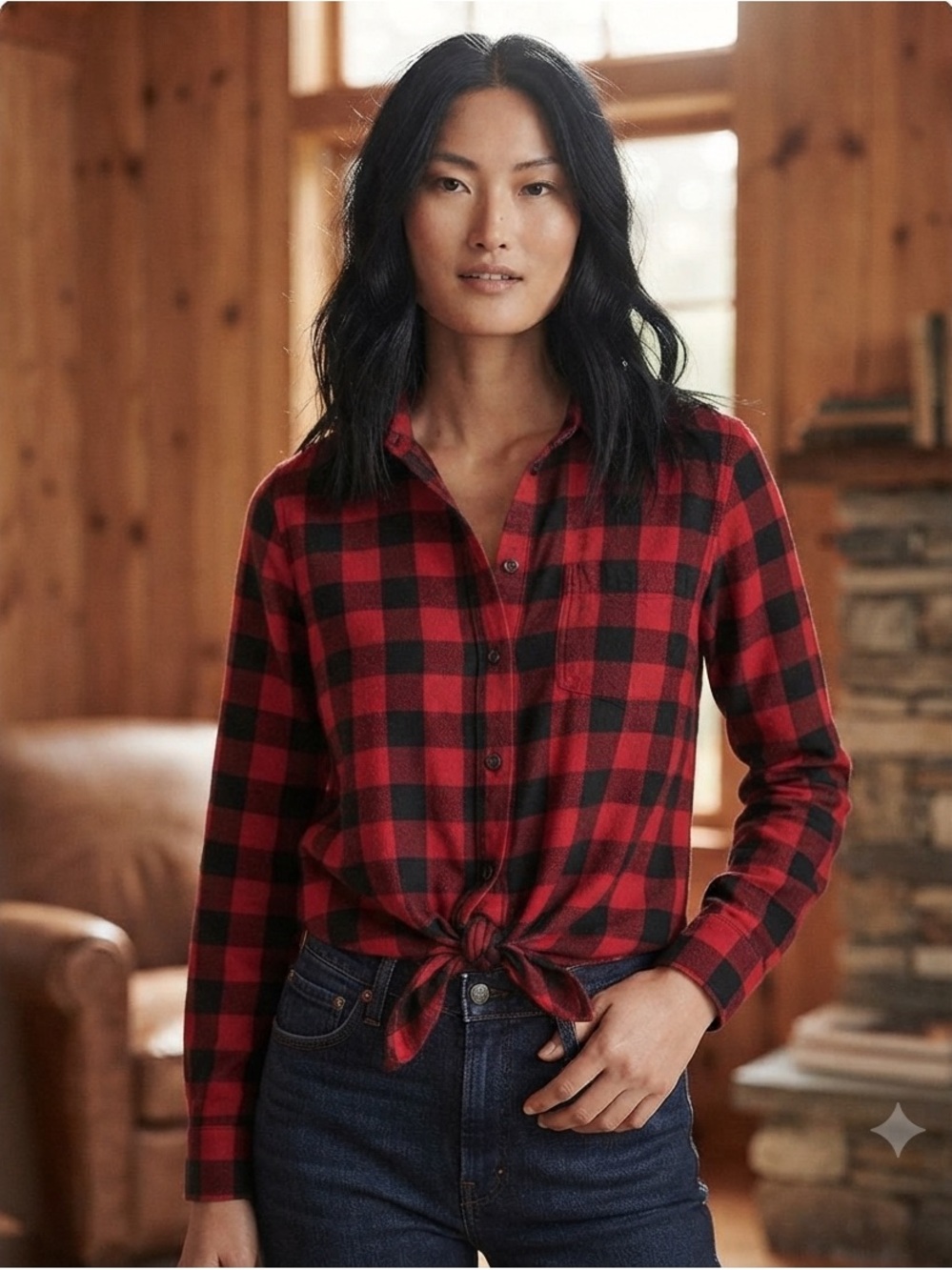 Madewell Red and Black Buffalo Plaid Tie-Front Shirt
